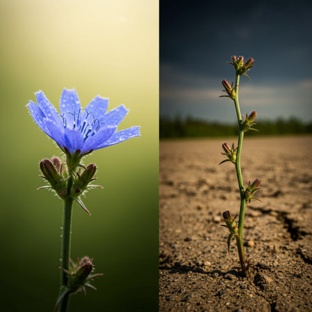Blue chicory flower on cracked ground with green background, collageの素材