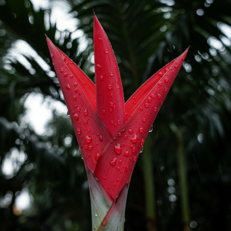 Red Heliconia flower with water droplets on the petalsの素材