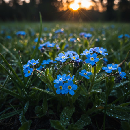 Forget-me-not flowers in the field at sunrise.の素材