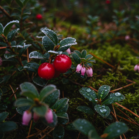 Cranberries on the moss in the forest in the rain.の素材