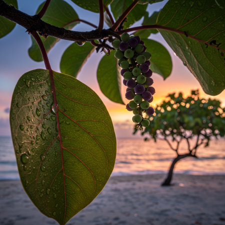 Bunch of green unripe fruits with dew drops on the branches of a tree on the beach at sunset.の素材