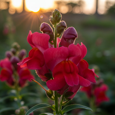 Close up of colorful snapdragons flower in the garden at sunset.の素材