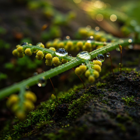 Water drops on green fern leaves after rain, shallow depth of fieldの素材