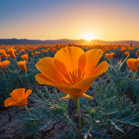 California Poppy Flowers at Sunset, California, United States of Americaの素材