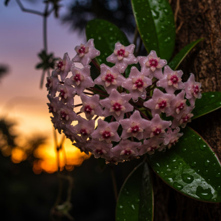 Close up of pink hoya flower in the garden at sunset.の素材