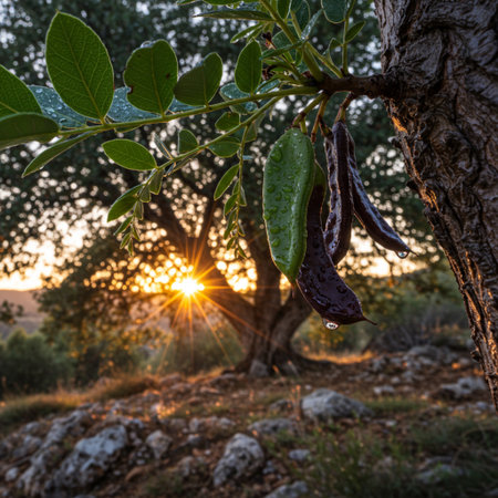 Carissa carandas plant with fruits and leaves at sunset.の素材