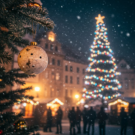 Christmas tree on the background of the city street at night. Christmas and New Year concept.の素材