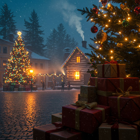 Christmas and New Year holidays background with Christmas tree, gifts and fireplaceの素材