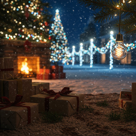 Christmas background with Christmas tree, gift boxes and christmas decorations.の素材