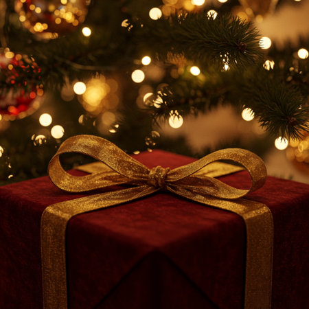 Christmas gift box with gold ribbon on christmas tree background. Selective focus.の素材