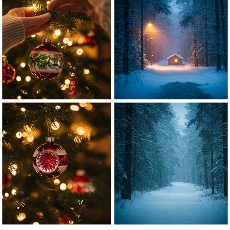 Christmas collage with fir tree, house, christmas ball and bokeh lightsの素材
