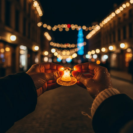 Christmas candle in hand on the background of the city street with lightsの素材