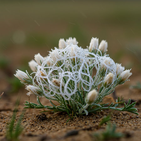 Frost on a small plant in the desert, close-upの素材