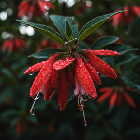 Red fuchsia flowers with raindrops on petals and green leavesの素材