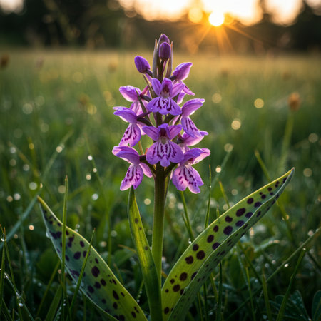 Beautiful wild orchid (Dactylorhiza majalis) in the meadow at sunsetの素材
