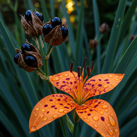 Orange lily flower with raindrops on petals in the gardenの素材