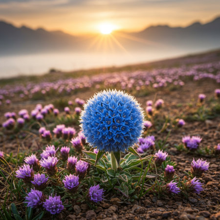 Beautiful blue flower on the meadow with mountains in the backgroundの素材