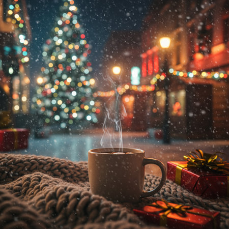 Cup of coffee and christmas tree on the background at nightの素材