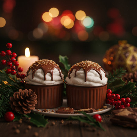 Christmas cupcakes with chocolate and nuts on a wooden table. Christmas backgroundの素材