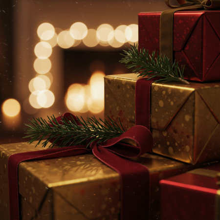 Christmas gift boxes with fir tree branch on bokeh background.の素材