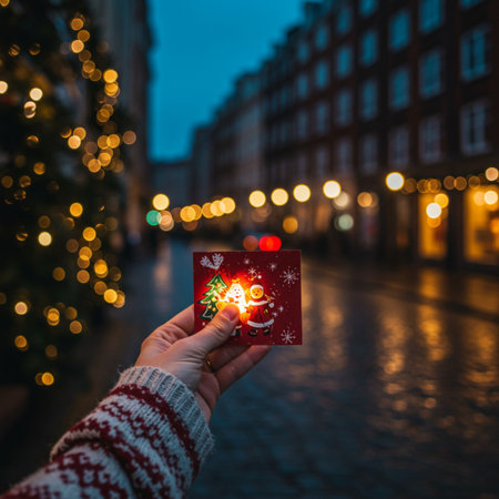 Woman's hand holding a red Christmas gift card on the background of Christmas lightsの素材