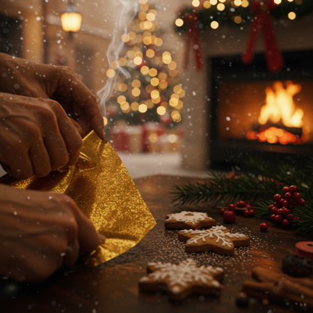 Christmas and New Year concept. Closeup of male hands wrapping gingerbread cookies in golden paper in front of christmas tree.の素材