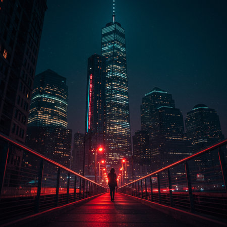 Silhouette of a man on the bridge at night in Chicagoの素材