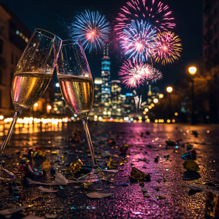 Champagne glasses with fireworks and confetti on the background of New York Cityの素材