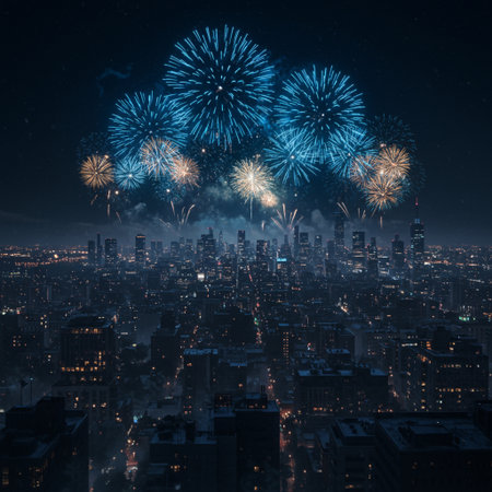 Fireworks over New York City at night. 3D Renderingの素材