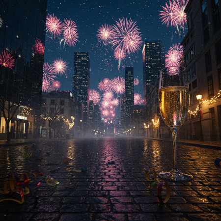 New Year's Eve celebration with champagne and fireworks in the city.の素材