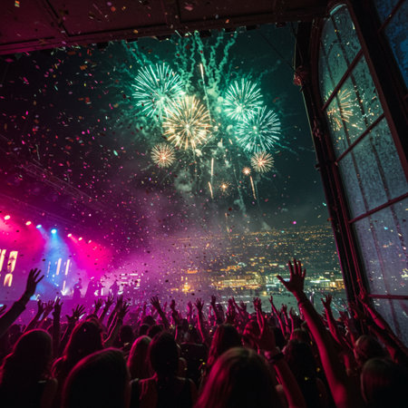 Crowd cheering at the concert with fireworks in the night sky.の素材