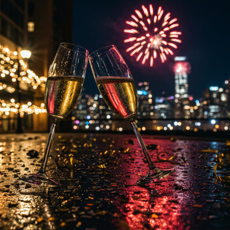 Glasses of champagne with fireworks in the background on a rainy dayの素材