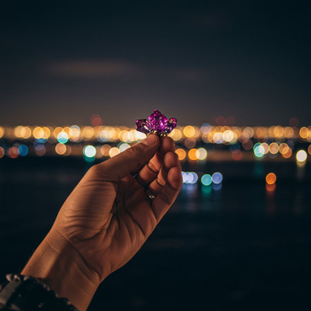 Woman's hand holding a purple diamond on the background of the night cityの素材
