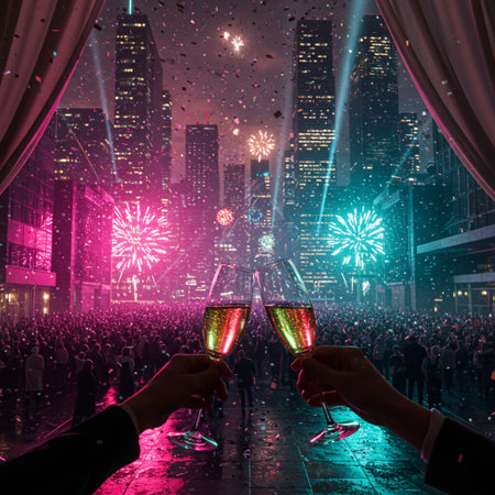 New Year's Eve celebration with champagne flutes and fireworks in the cityの素材