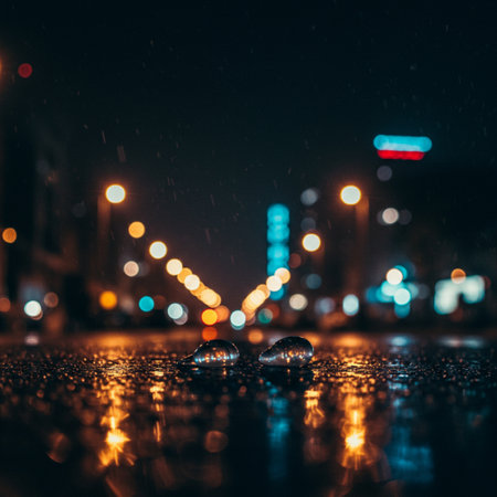 Rain drops on the wet asphalt with blurred city lights in the backgroundの素材