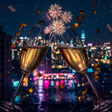 Glasses of champagne with fireworks and ribbons over night cityscape backgroundの素材