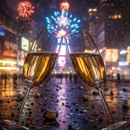 Glasses of champagne with fireworks in the background. New Year and Christmas celebration concept.の素材