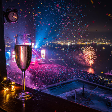 New Year Eve celebration with champagne glasses, fireworks and crowd at nightの素材
