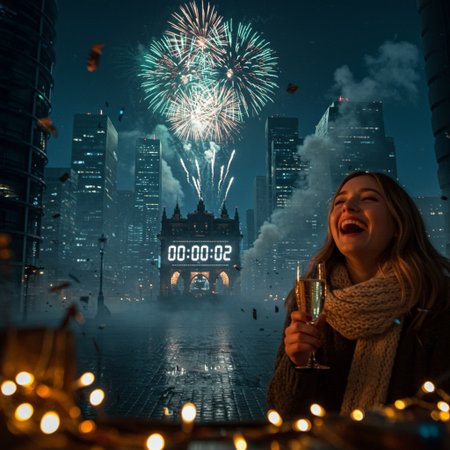 Woman with a glass of champagne on the background of the city and fireworksの素材