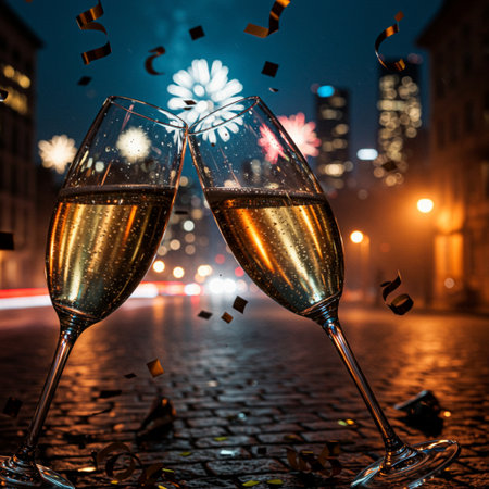 Glasses of champagne with fireworks on the background of the city at nightの素材