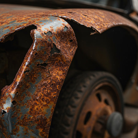 Abandoned old car. Close up of rusty car body.の素材
