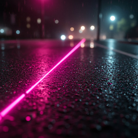 Rain on the asphalt road at night. Abstract background with neon lights.の素材