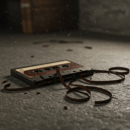 Old cassette tape on the floor in the dark. Shallow depth of fieldの素材