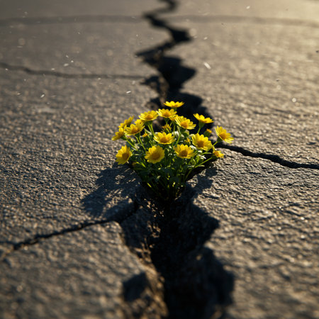 Yellow flowers growing through crack in asphalt. Spring background. Selective focus.の素材