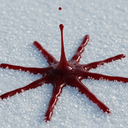 red blood splatter on white snow, close up. abstract backgroundの素材
