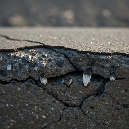 Broken asphalt road with cracks and holes in the asphalt, close-upの素材