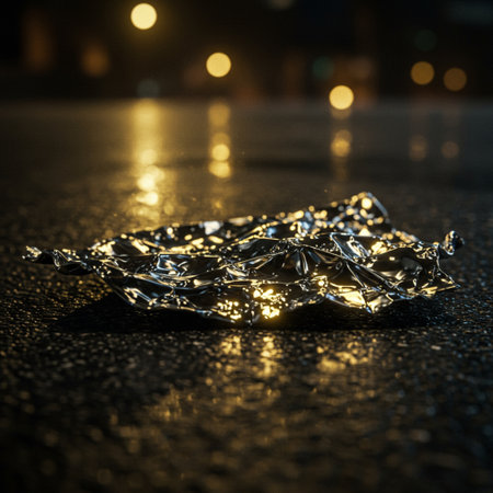 Broken ice on asphalt road at night. Selective focus.の素材