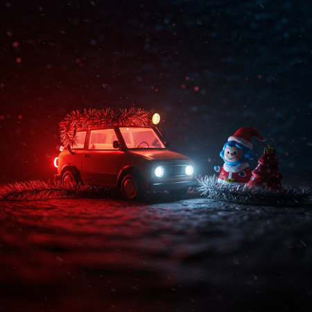 Christmas and New Year holidays background. Toy car with christmas tree and santa claus on dark toned foggy background. Selective focusの素材