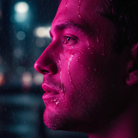 Portrait of a young man covered with pink paint in the rain.の素材
