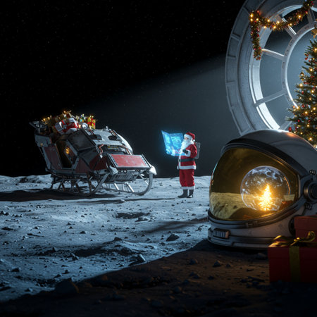 Santa Claus with his sleigh on the moon. 3D renderingの素材